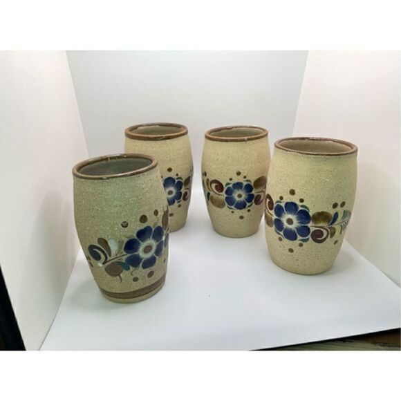 🦋 Mexican Tonala Sandstone Mugs Mexico Co Folk Art Pottery Blue Brown Vintage - Picture 2 of 6